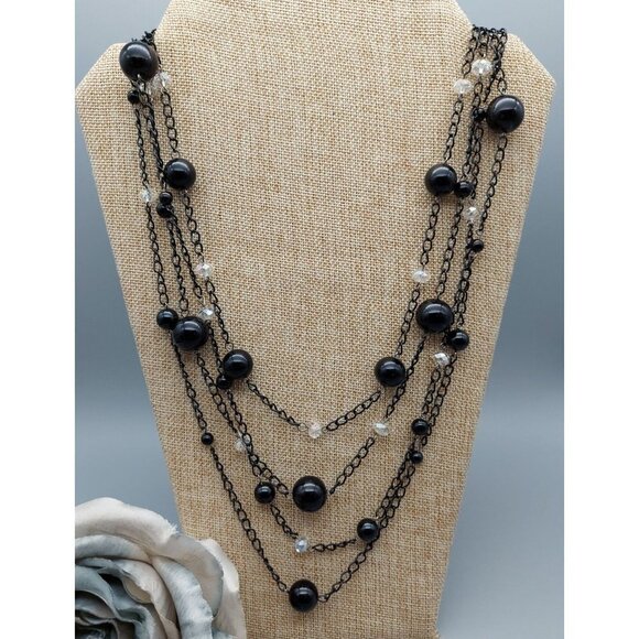 CJ Banks Black Chain Beaded Multi Strand Necklace Clear Beads 27" - Picture 2 of 8